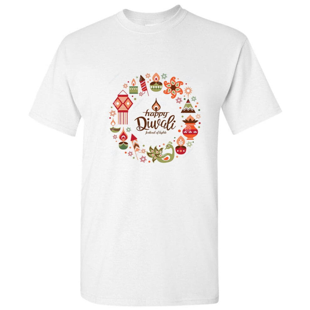 (3XL) Happy Diwali Divali Deepavali Hindu Festival of Lights Men White T Shirt Tee