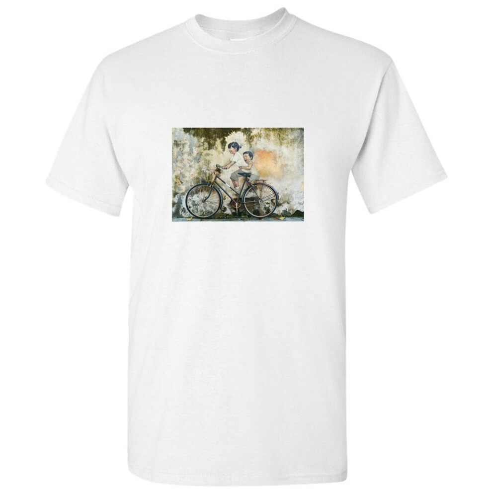 (M) Georgetown Penang Bicycle Graffiti Street Art White Men T Shirt Tee Top