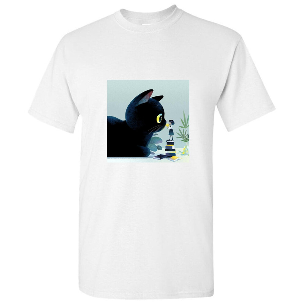 (M) Giant Cat Miniature Animation Manga Fantasy Art White Men T Shirt Tee Top