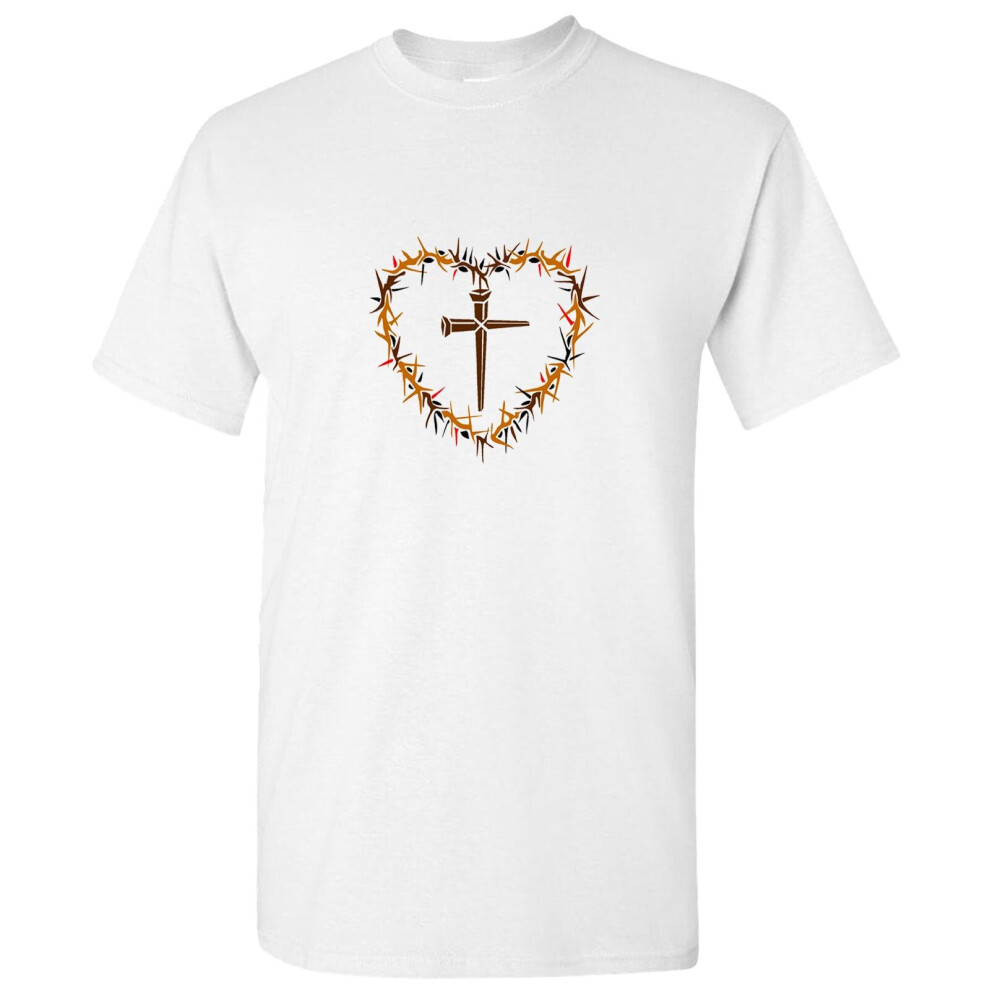 (2XL) Crown of Thorns Heart Christian Cross Jesus Easter White Men T Shirt Tee Top