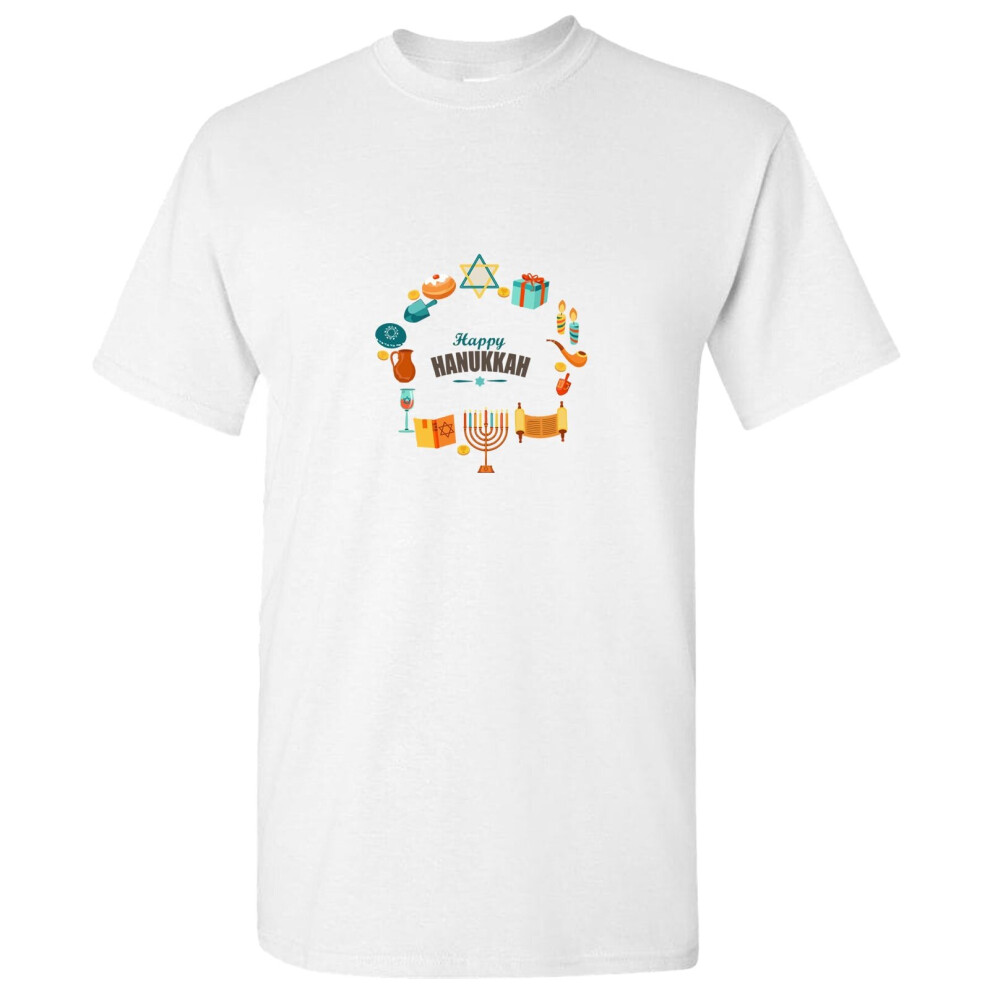 (L) Happy Hanukkah Jewish Festival Celebration Judaism White Men T Shirt Tee Top