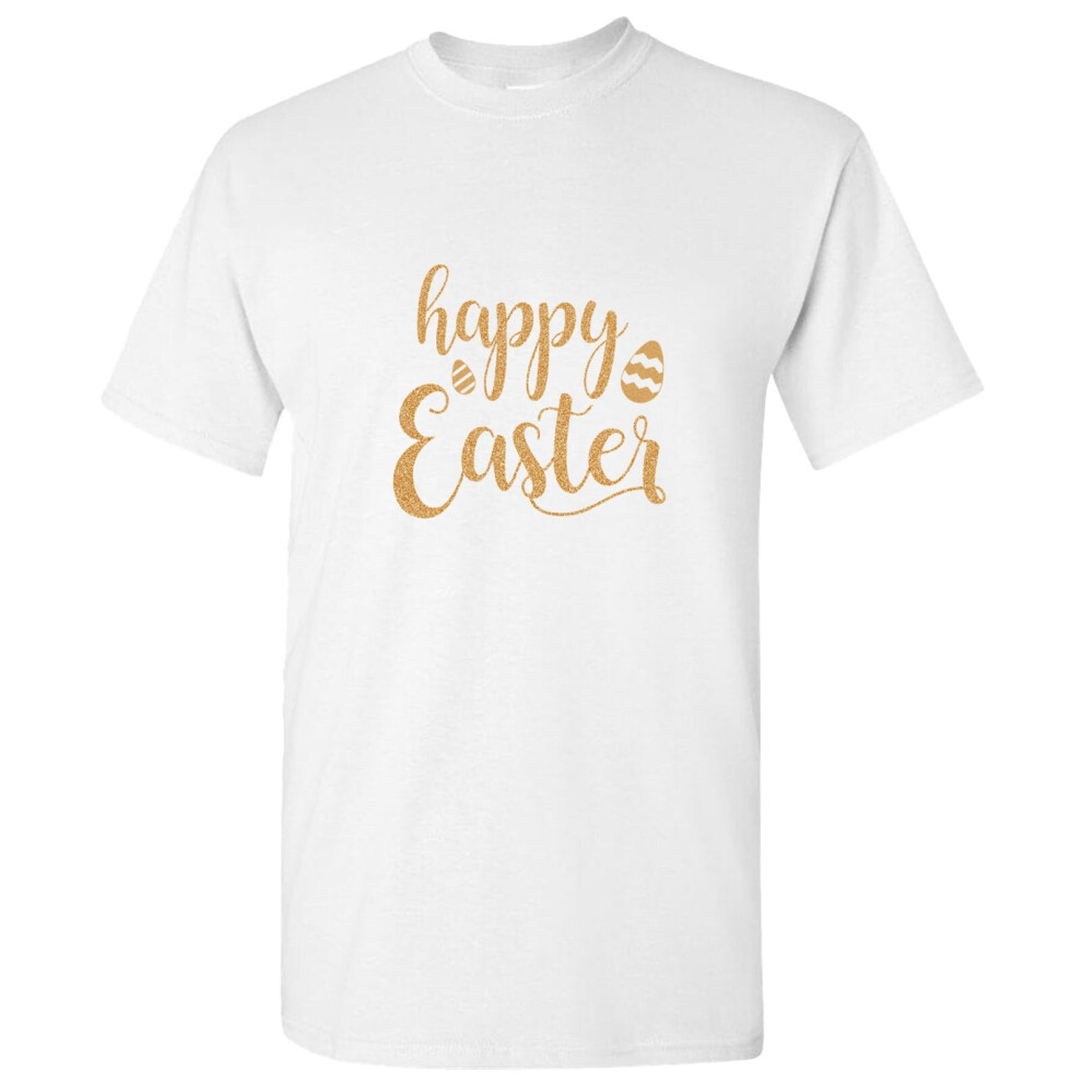 (4XL) Gorgeous Happy Easter Egg Festival Gold Text White Men T Shirt Tee Top