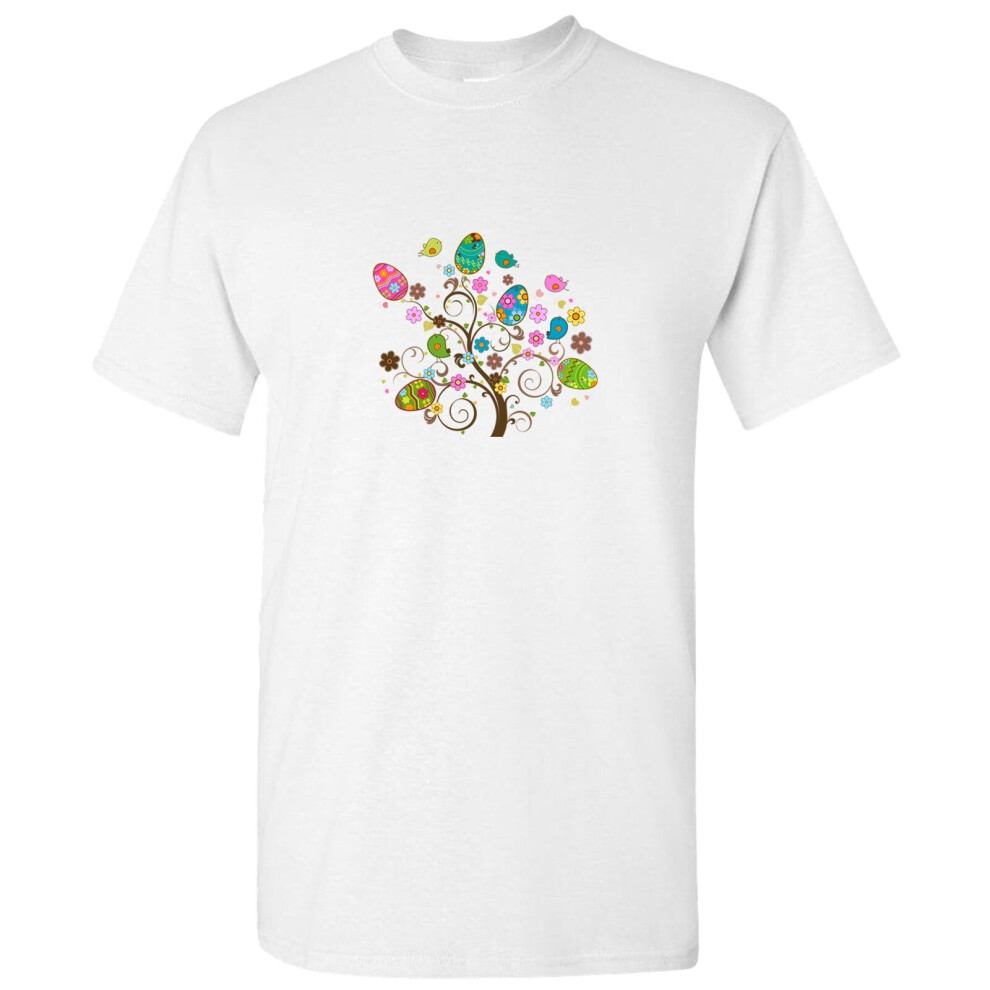 (3XL) Happy Cute Easter Colourful Egg Tree White Men T Shirt Tee Top