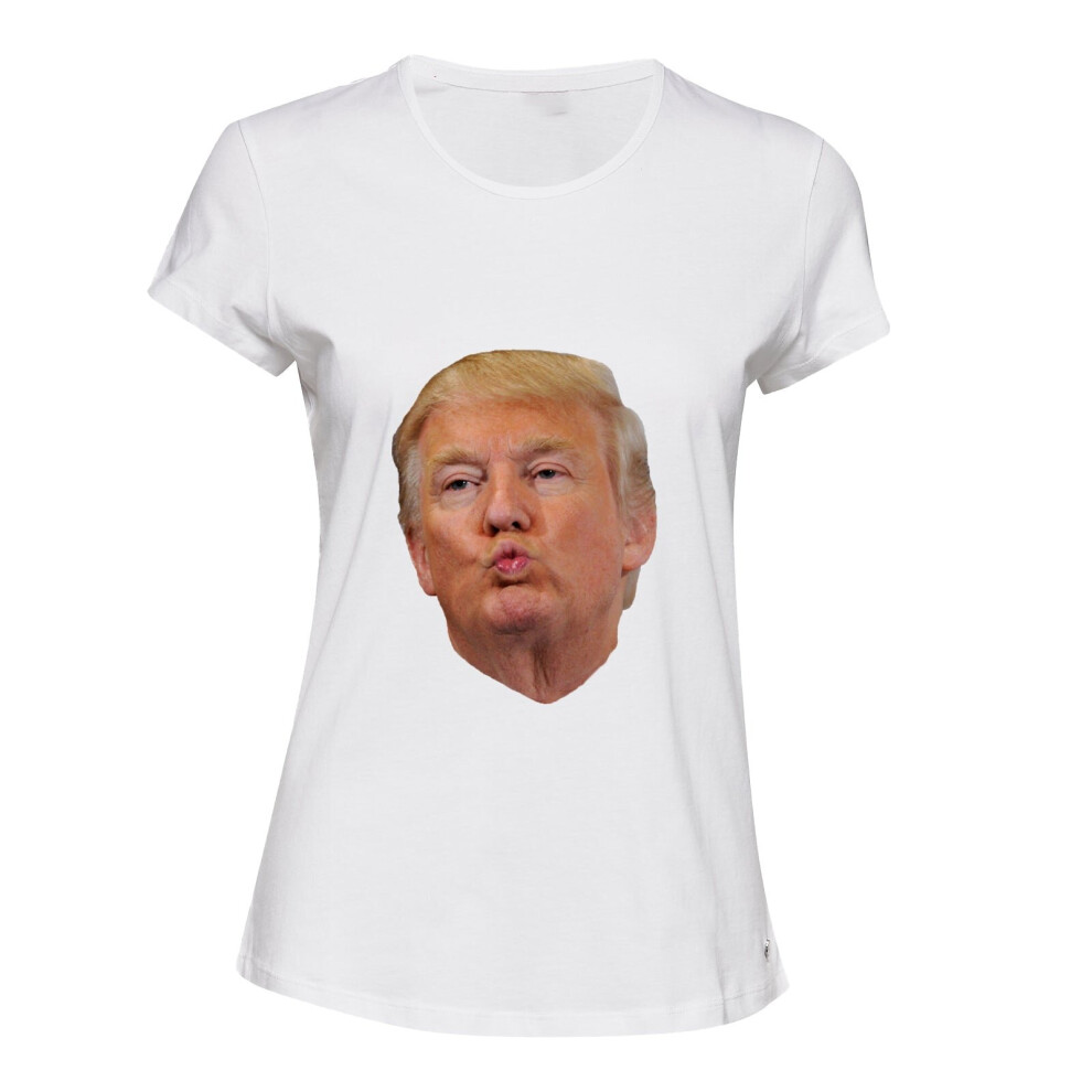 (S) Funny USA President Donald Trump Kiss White Female Ladies Women T Shirt Tee Top