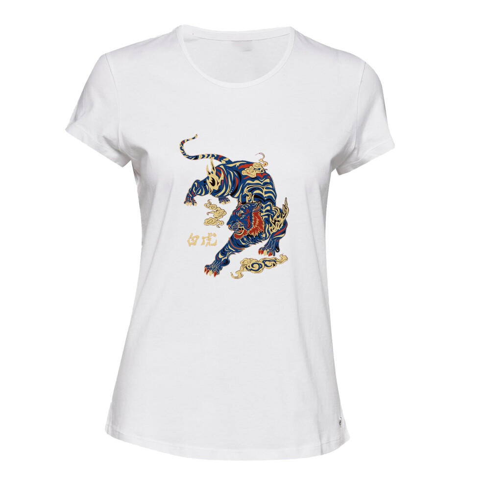 (M) Cool Wild Chinese White Tiger Novelty White Female Ladies Women T Shirt Tee Top