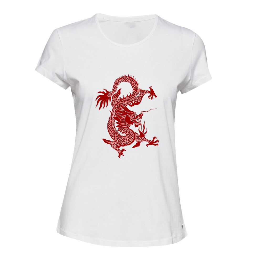 (M) Aesthetic Red Chinese Dragon Firedrake White Female Ladies Women T Shirt Tee Top