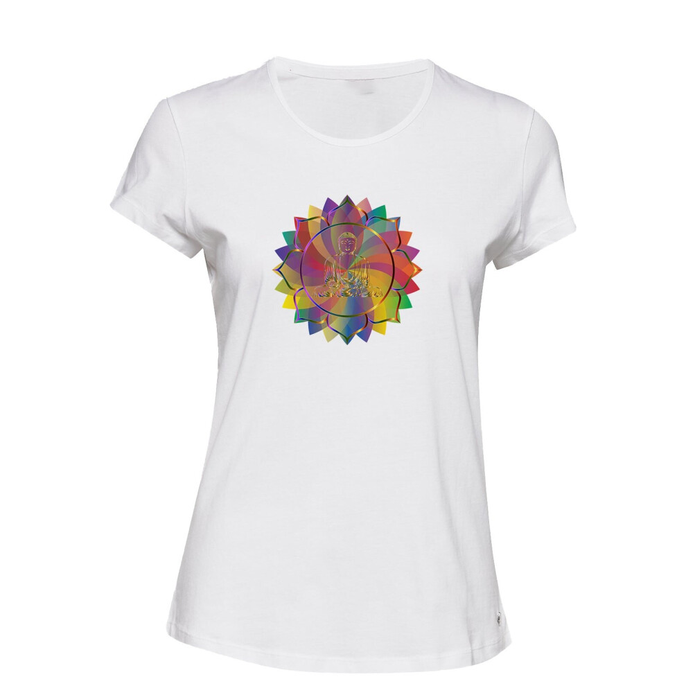 (M) Colourful Buddha Flower Buddhism Buddhist White Ladies Women T Shirt Tee Top