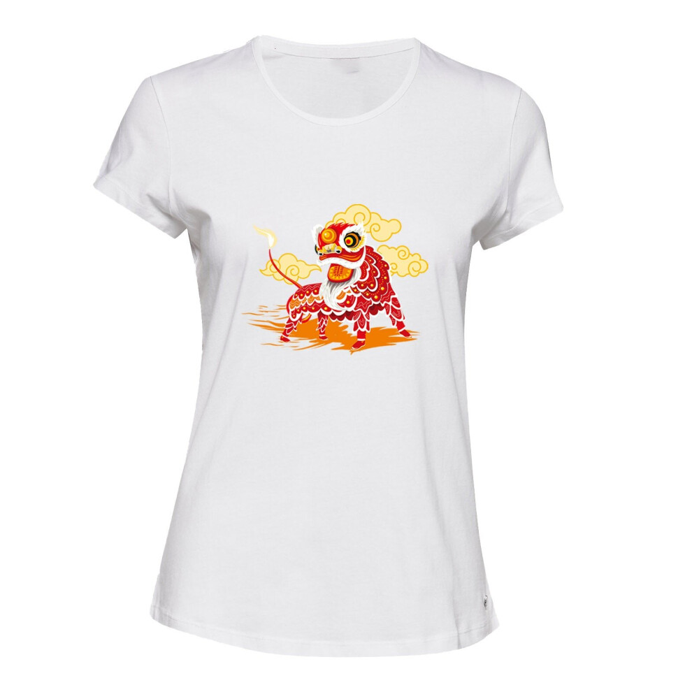 (L) Chinese New Year Traditional Dragon Dance White Ladies Women T Shirt Tee Top