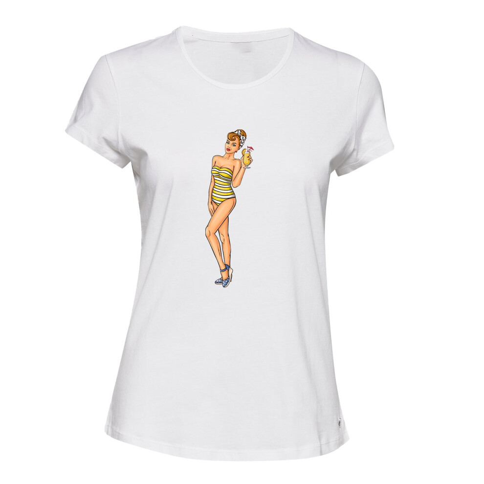 (M) Bikini Retro Style Girl Female Cartoon Pop White Ladies Women T Shirt Tee Top