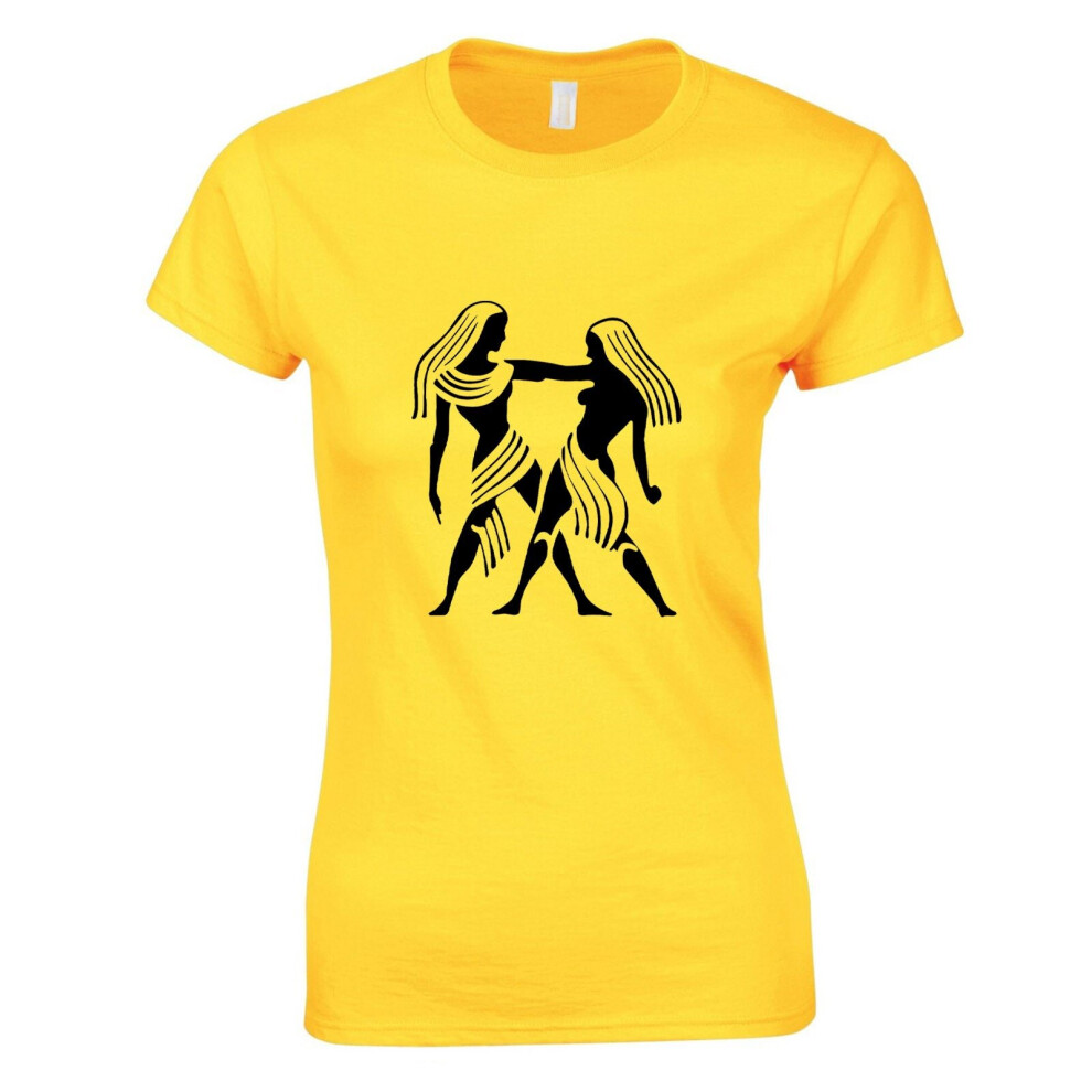 (Yellow, M) Gemini Twin Zodiac Horoscope Astrological Symbol Ladies Women T Shirt Tee Top