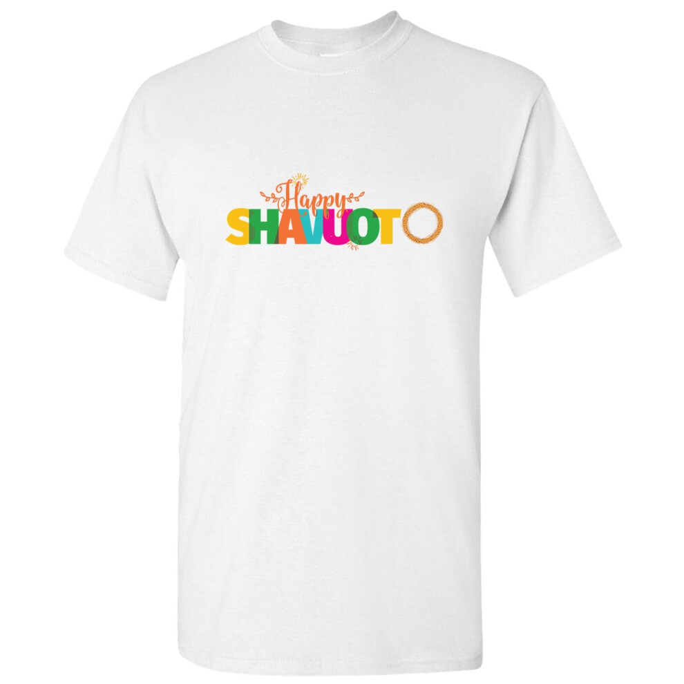 (2XL) Jewish Happy Shavuot Festival Colourful Text White Men T Shirt Tee Top