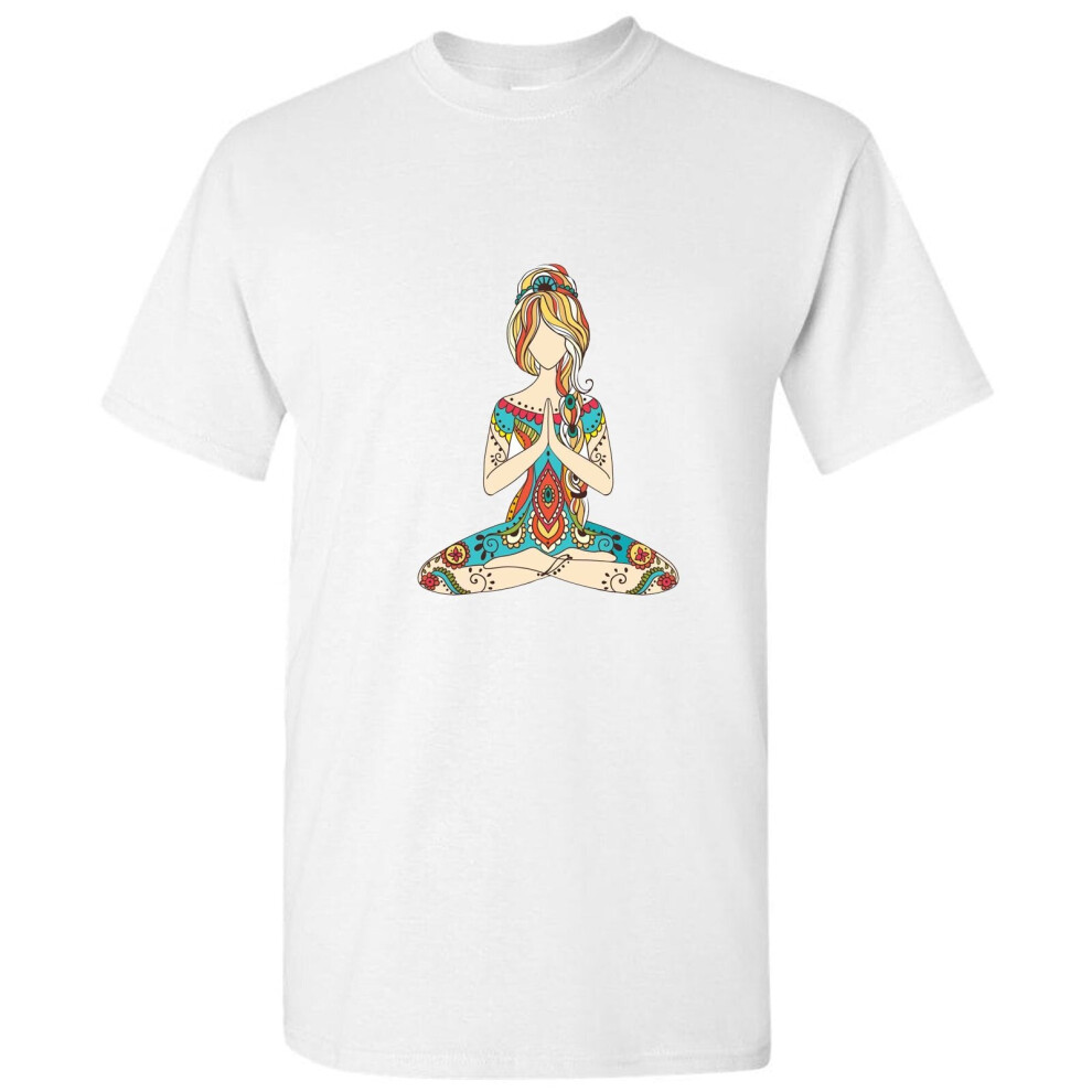 (XL) Meditating Yoga Woman Girl Buddha Cartoon White Men T-Shirt Shirt Tee Top