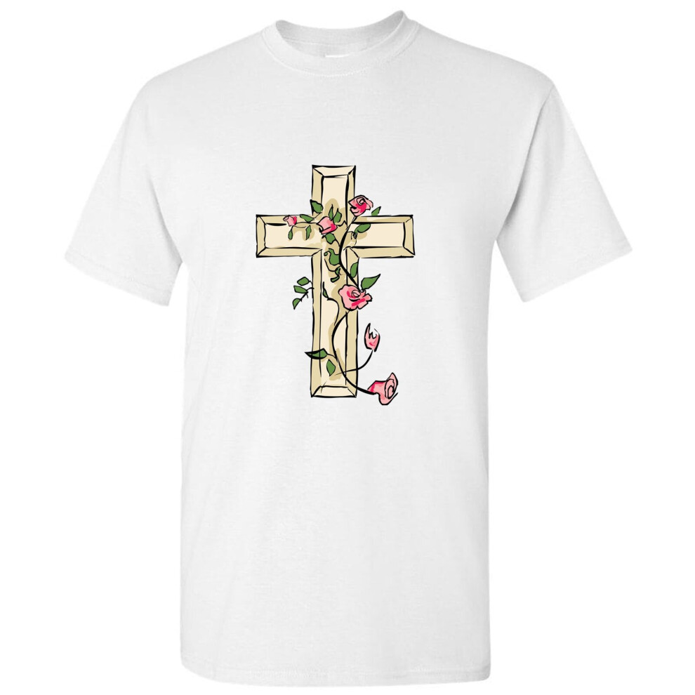 (M) Jesus Cross Good Friday Rose Christian White Men T Shirt Tee Top