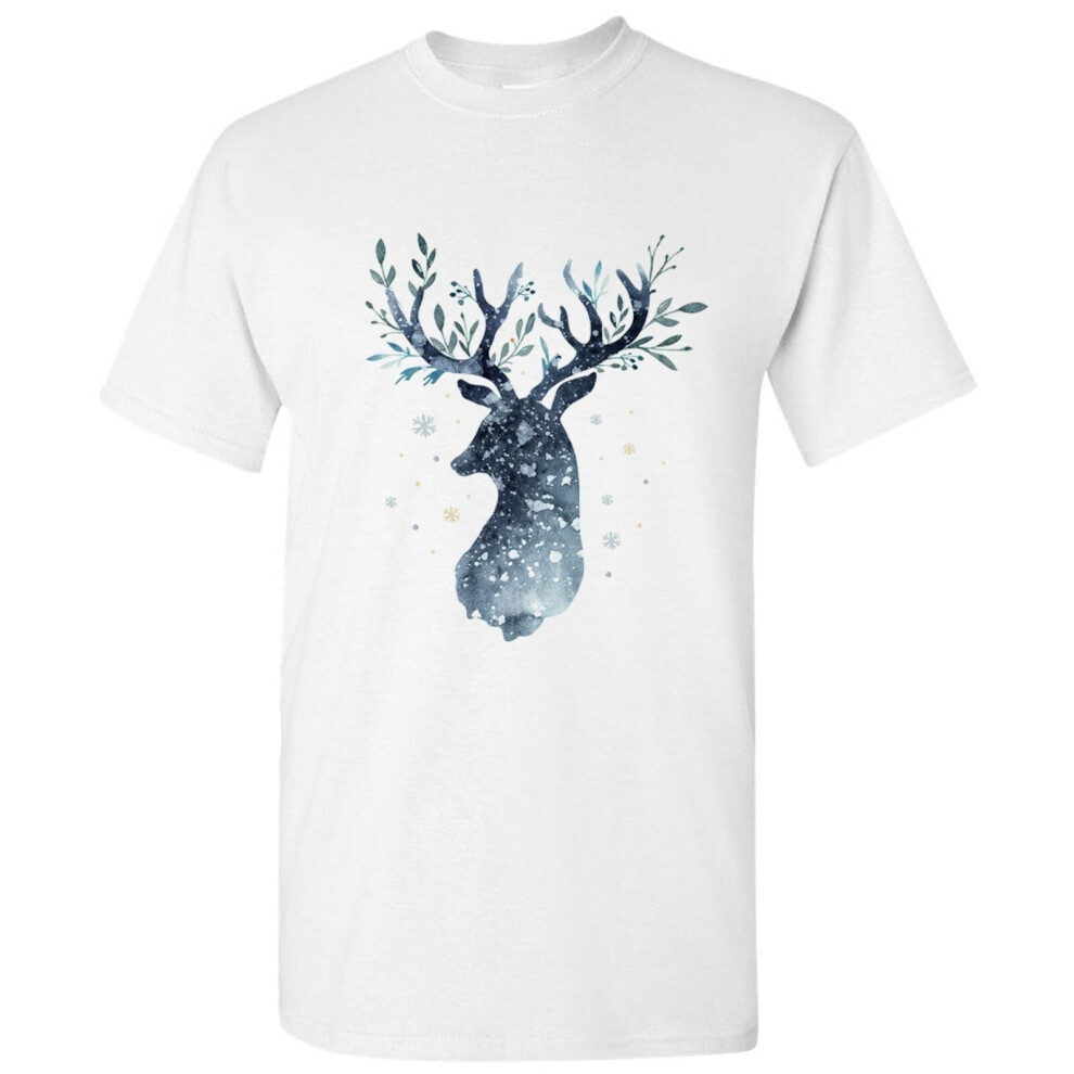 (L) Reindeer Snow Deer Christmas Mural Cartoon Art Men White T Shirt Tee Top