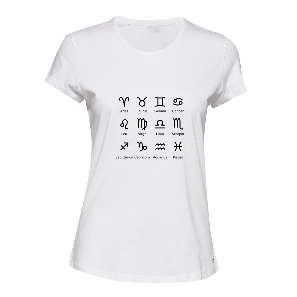 (White, M) Zodiac Horoscope Astro Astrological Symbol Sign Ladies Women T Shirt Tee Top