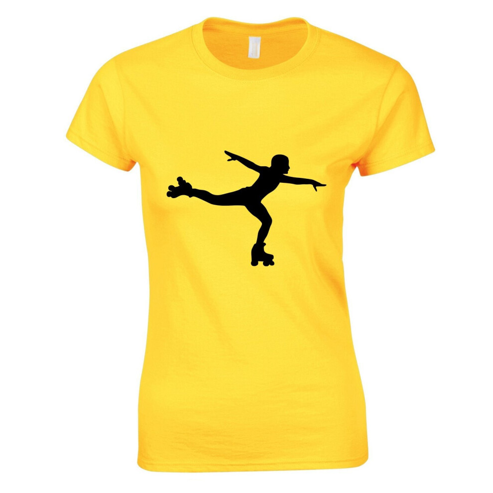 (Yellow, L) Roller Skate Skating Silhouette Vector Full Art Ladies Women T Shirt Tee Top