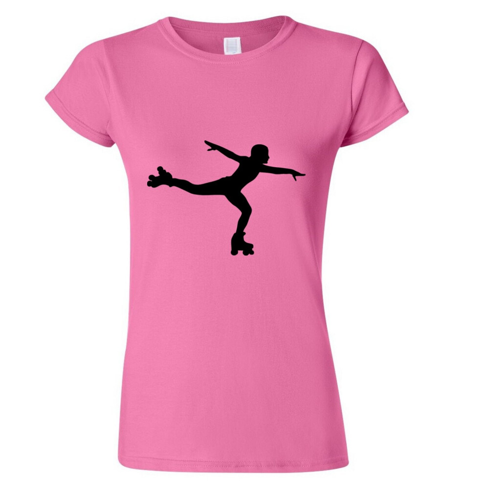 (Pink, S) Roller Skate Skating Silhouette Vector Full Art Ladies Women T Shirt Tee Top