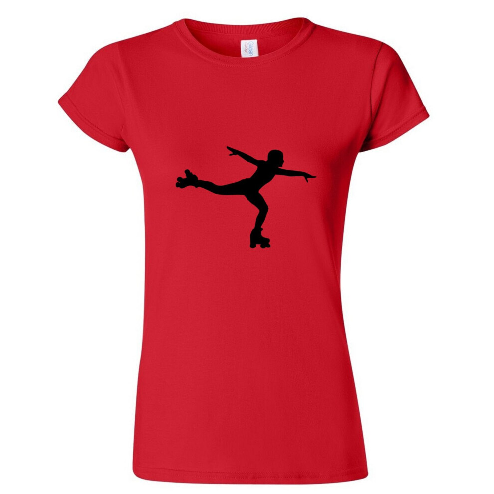 (Red, 2XL) Roller Skate Skating Silhouette Vector Full Art Ladies Women T Shirt Tee Top