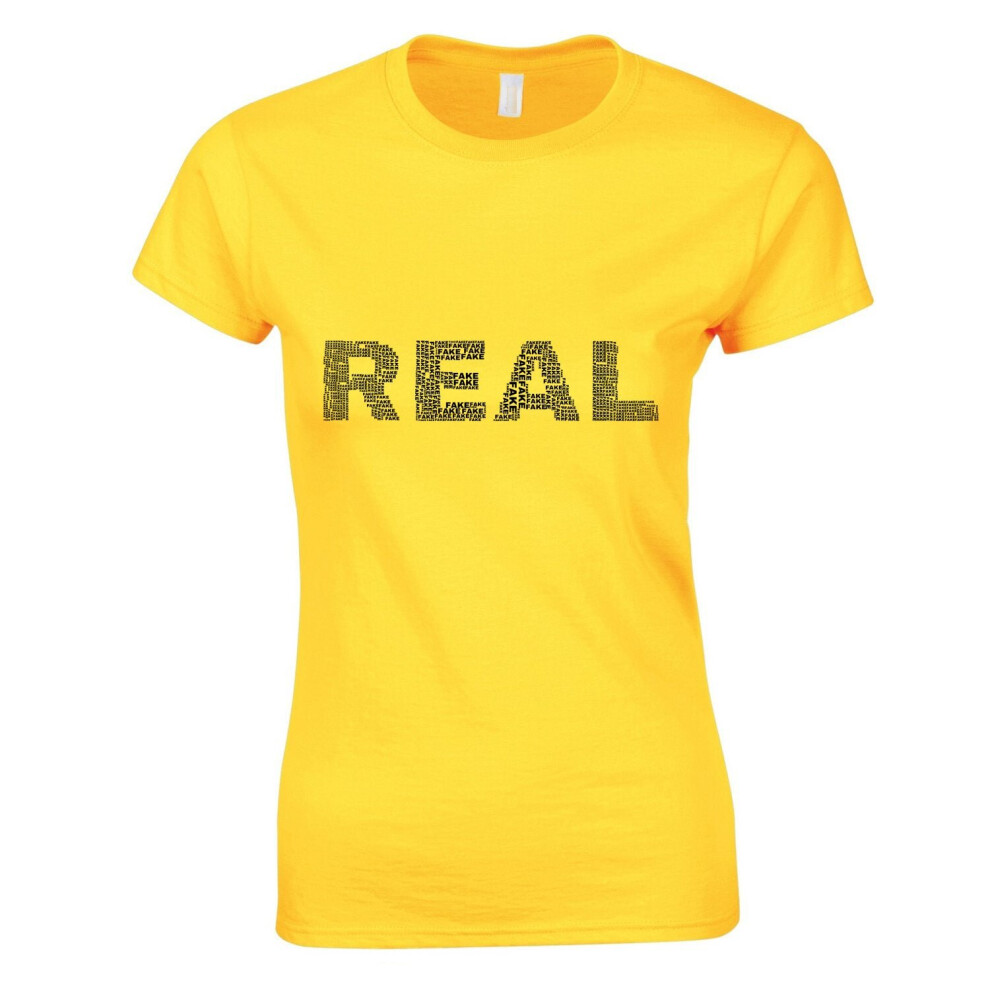 (Yellow, L) Real Fake Black Text Art Silhouette 3D Art Female Ladies Women T Shirt Tee Top