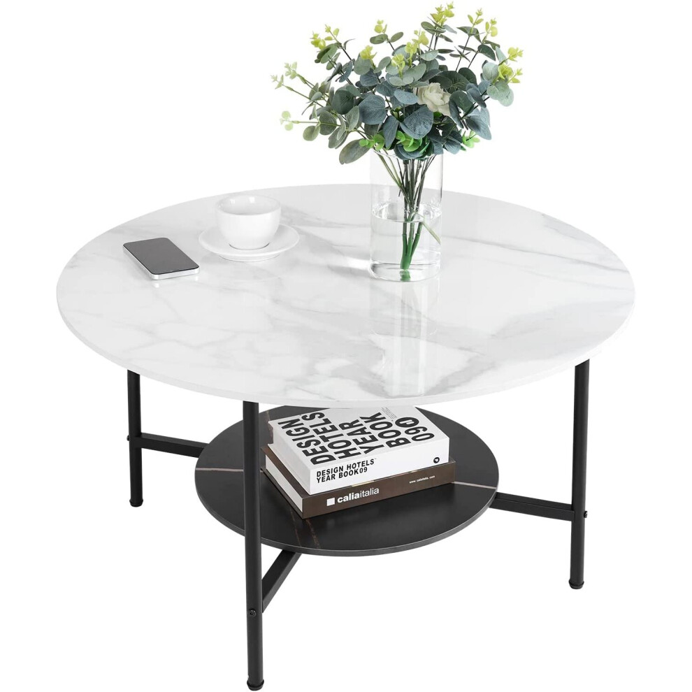 2 Tier White and Black Marble Top Coffee Tables Round  80cm