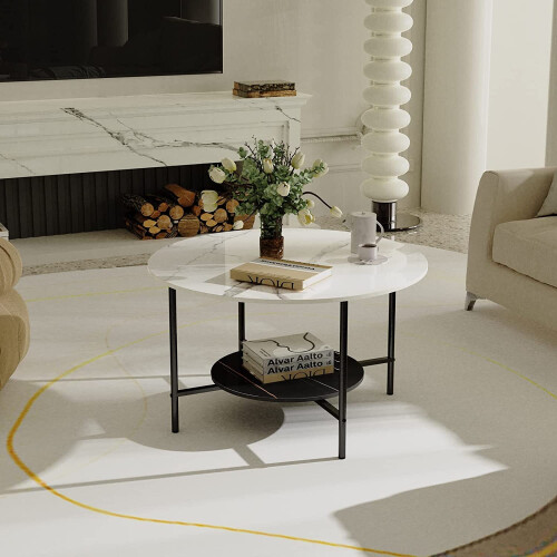 2 Tier White and Black Marble Top Coffee Tables Round  80cm 1