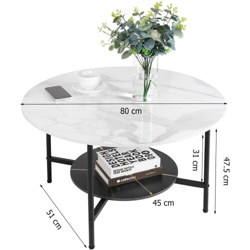 2 Tier White and Black Marble Top Coffee Tables Round  80cm 2
