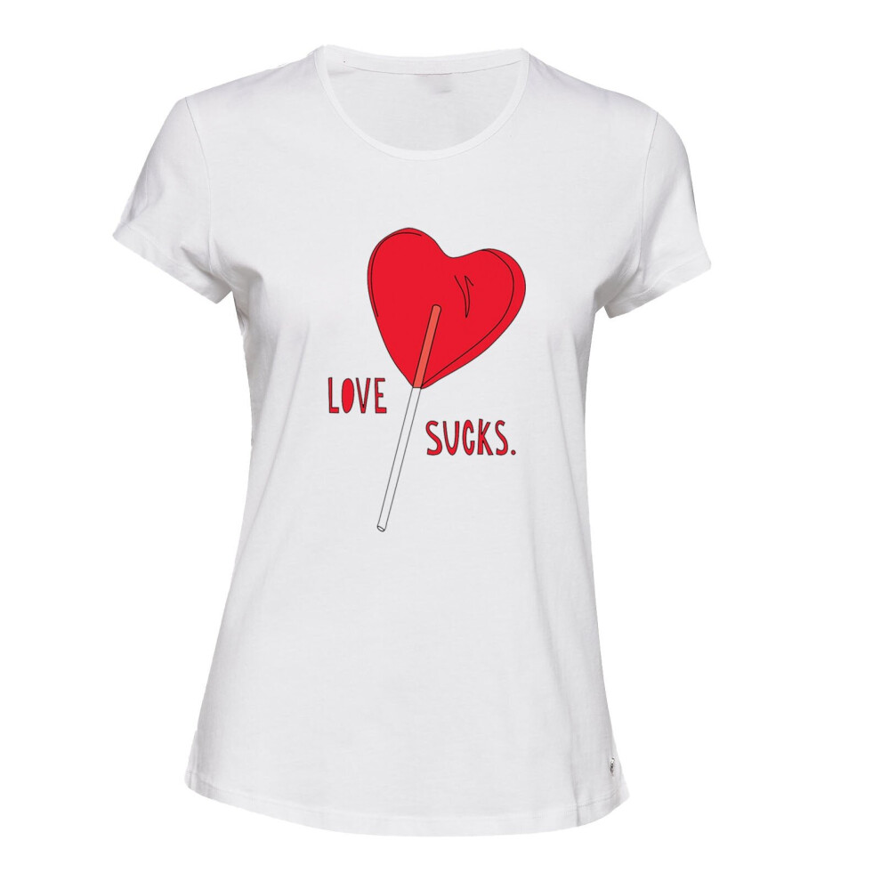 (White, M) Love Sucks Red Lolly Pop Stick Candy Funny Novelty Ladies Women T Shirt Tee Top