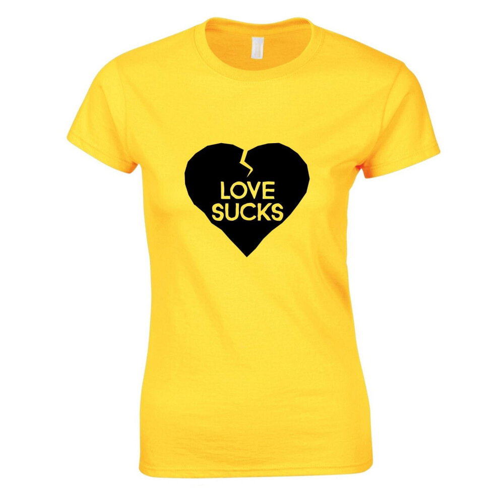 (Yellow, S) Love Sucks Broken Heart Lover Funny Joke Novelty Ladies Women T Shirt Tee Top