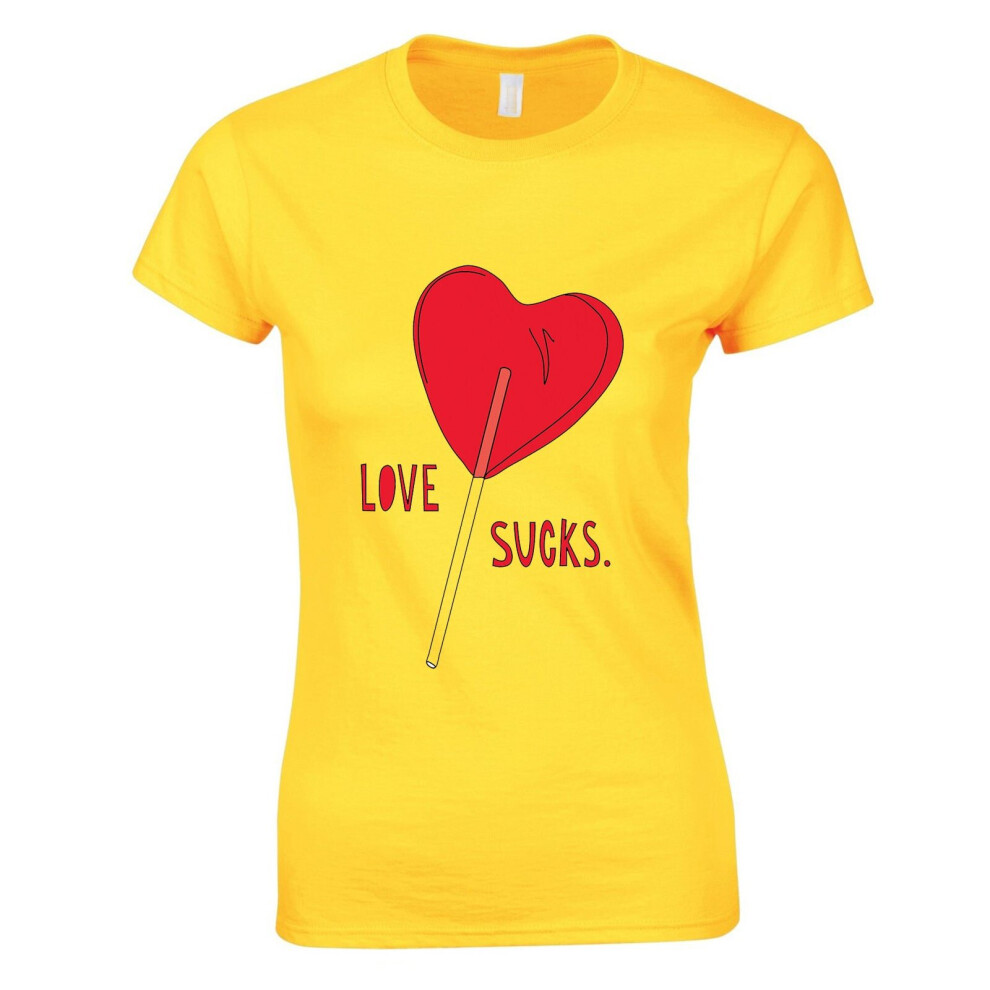 (Yellow, L) Love Sucks Red Lolly Pop Stick Candy Funny Novelty Ladies Women T Shirt Tee Top