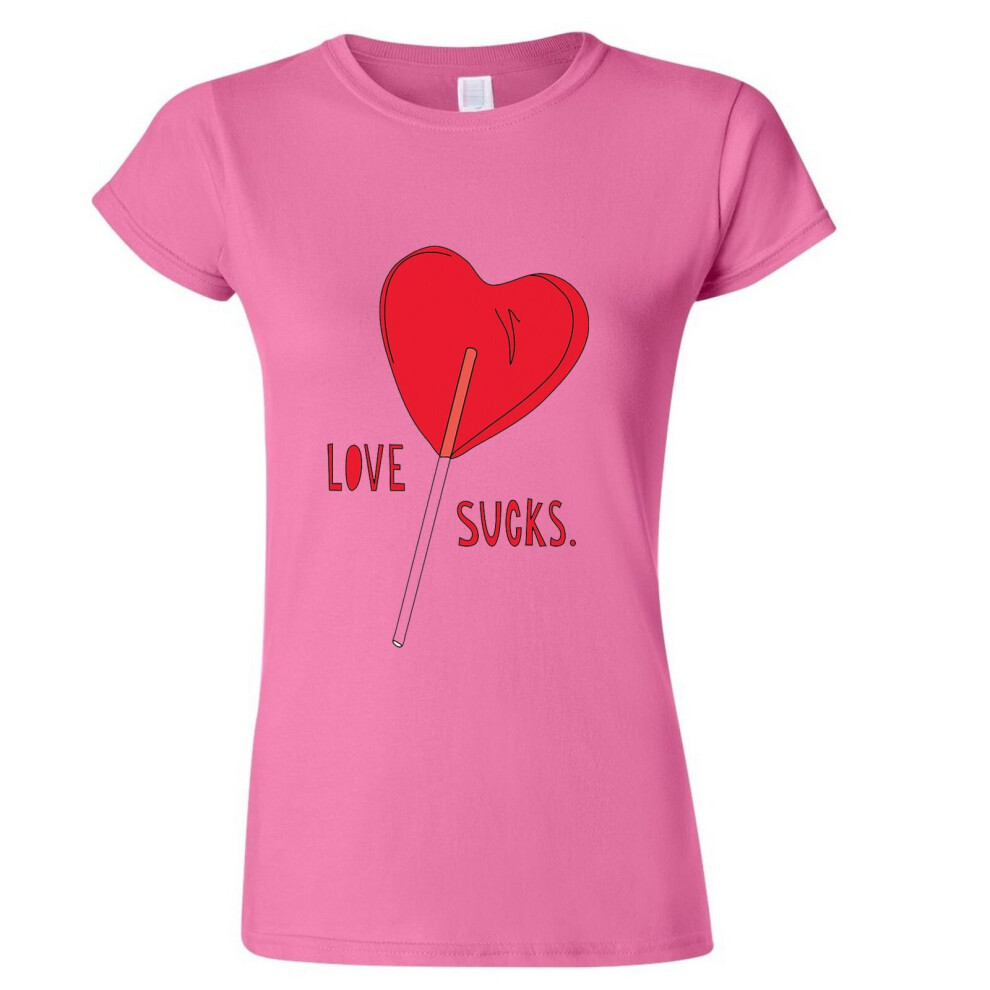 (Pink, L) Love Sucks Red Lolly Pop Stick Candy Funny Novelty Ladies Women T Shirt Tee Top