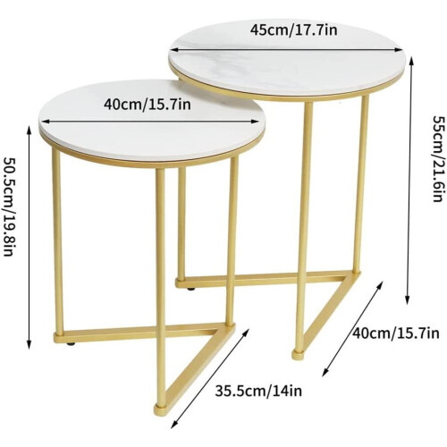 2 Nesting Small Sofa Marble Top Side Table Gold Round Bedside Gold 2