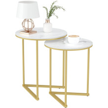 2 Nesting Small Sofa Marble Top Side Table Gold Round Bedside Gold