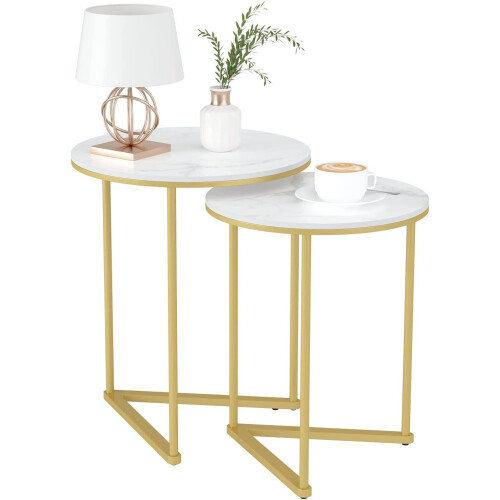 2 Nesting Small Sofa Marble Top Side Table Gold Round Bedside Gold