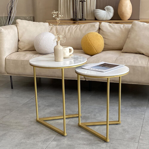 2 Nesting Small Sofa Marble Top Side Table Gold Round Bedside Gold 1