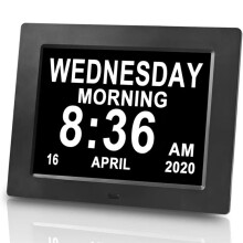 7-Inch LED Day Clock with Medication Reminder, 8 Alarms & 8 Languages for Seniors, Full Date/Time, Auto Brightness, Battery Backup