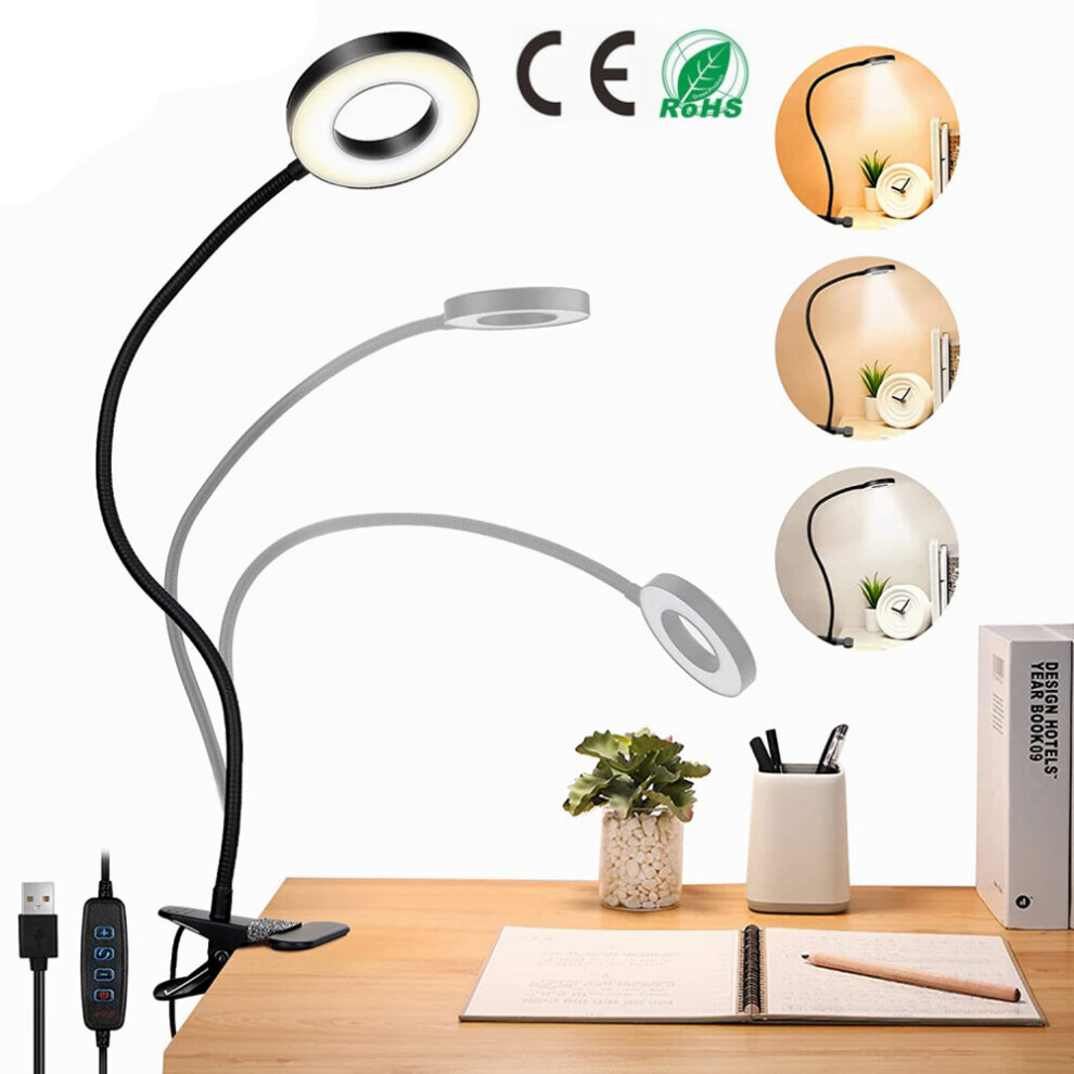 Clip On Desk Reading Table Lamp Bedside LED Night Light USB Dimmable
