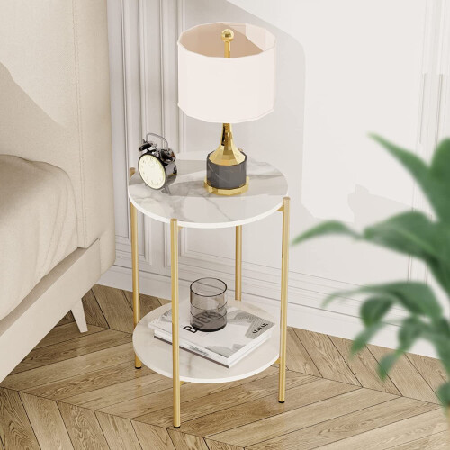 (Gold) 2-Tier Marble Table Round Coffee End Side Table 2
