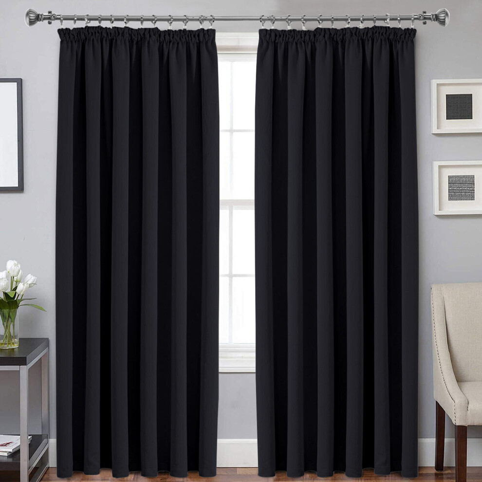 (Black, 66" width x 72" depth (168cm x 183cm)) Plain Blackout Curtains Ringtop & Pencil Pleat Curtains Thermal Insulated Curtain Pair with 2 Tiebacks