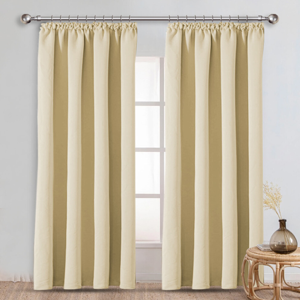 (Cream, 66" width x 72" depth (168cm x 183cm)) Plain Blackout Curtains Ringtop & Pencil Pleat Curtains Thermal Insulated Curtain Pair with 2 Tiebacks