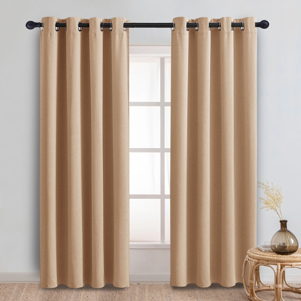 (Beige Ring, 90" width x 90" depth (228cm x 228cm)) Plain Blackout Curtains Ringtop & Pencil Pleat Curtains Thermal Insulated Curtain Pair with 2 Tieb