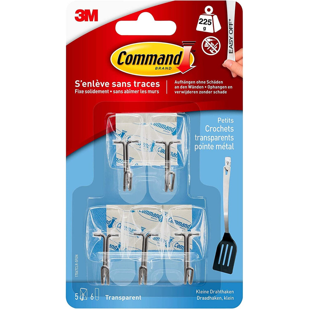 3M Command Wire Hooks With Clear Strips Small 5 Hooks & 6 Small Strips