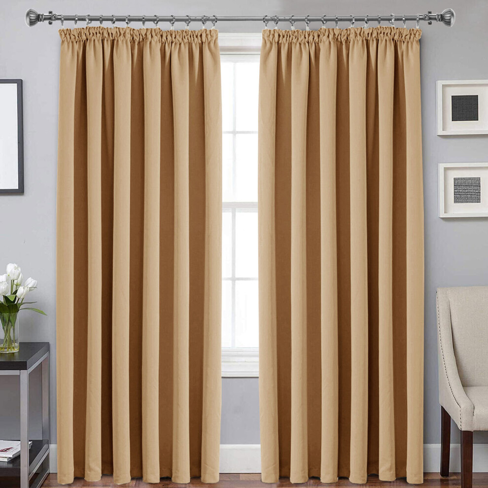 (Beige, 66" width x 72" depth (168cm x 183cm)) Plain Blackout Curtains Ringtop & Pencil Pleat Curtains Thermal Insulated Curtain Pair with 2 Tiebacks