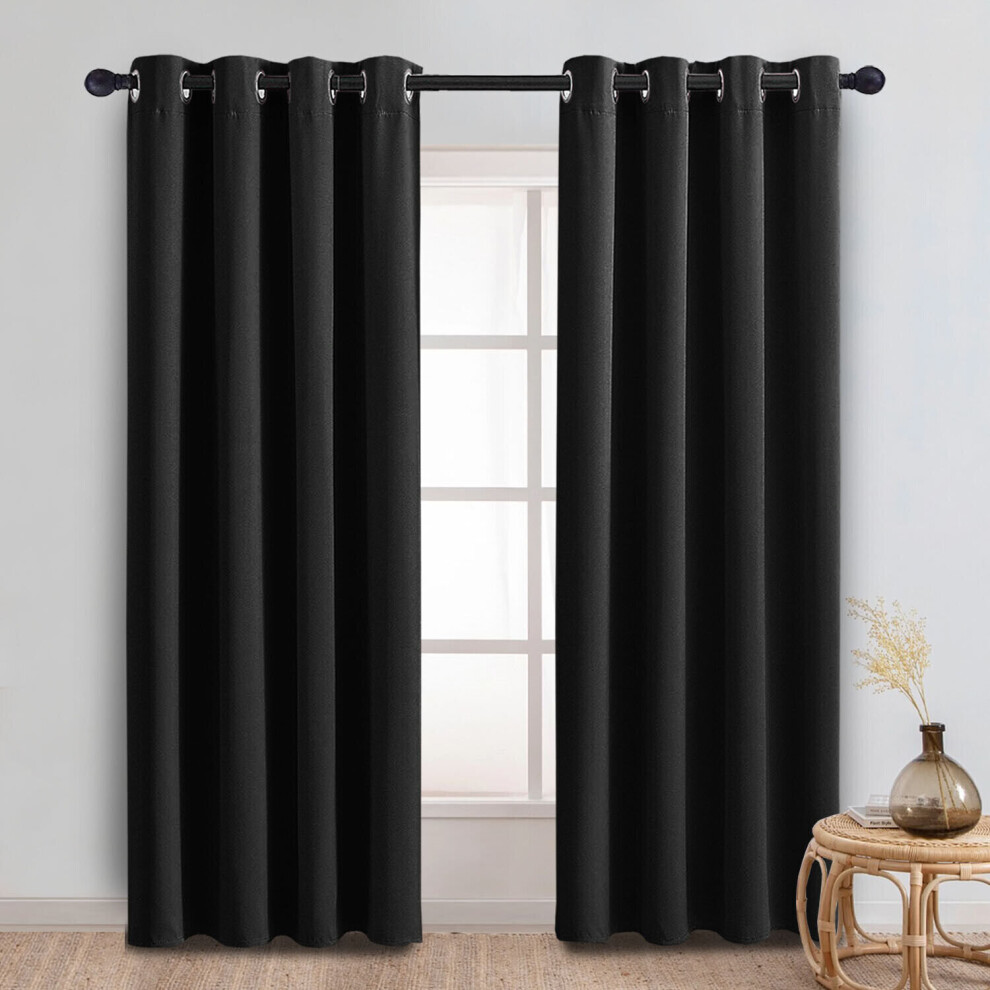 (Black Ring, 90" width x 72" depth (228cm x 183cm)) Plain Blackout Curtains Ringtop & Pencil Pleat Curtains Thermal Insulated Curtain Pair with 2 Tieb