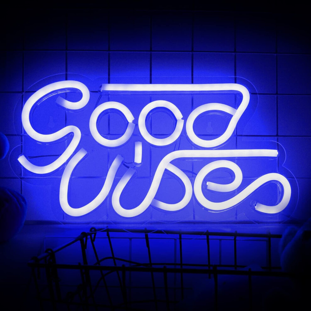 (blue) Good Vibes Neon Sign Pink LED Word Light Up Sign Neon Wall Lights Signs Acrylic Letters LED Signs for Bedroom Wall Bar Party Decor 13*7inch