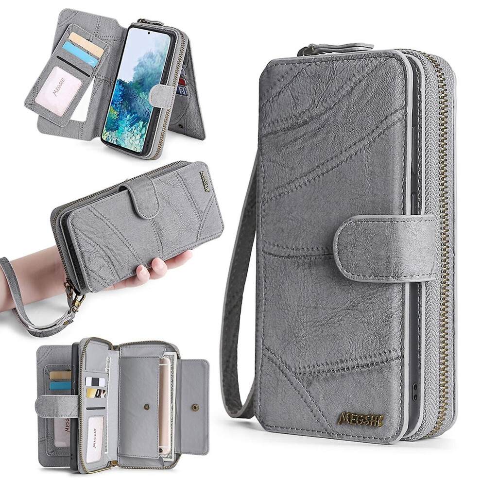 (, For Iphone14pro) Magnetic Leather Wallet Case Multifunction Phone Protective Case For Iphone Grey 768611137255