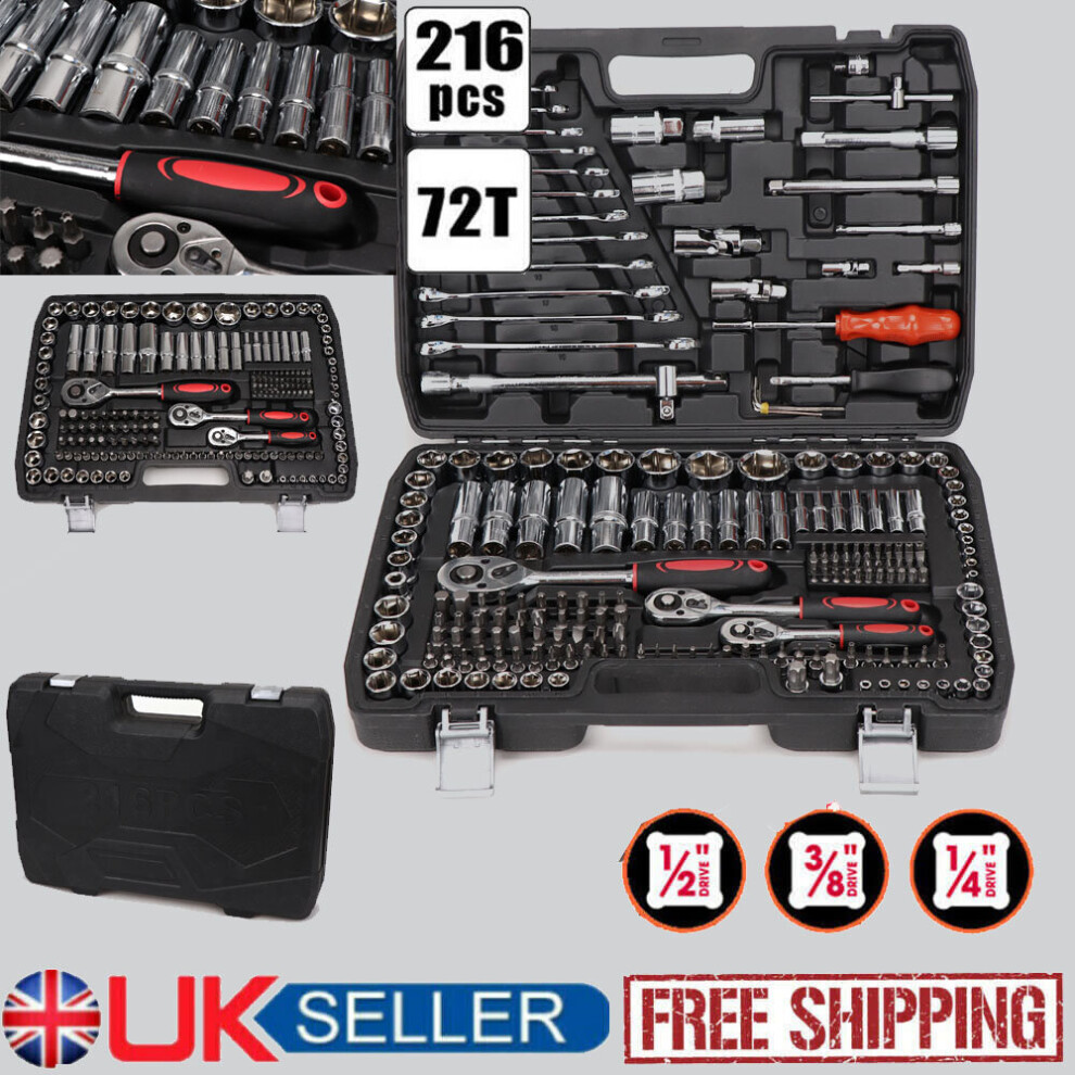Professional 216PCS Ratchet Spanner Socket Set 1/2" 1/4" 3/8" Tool Kit