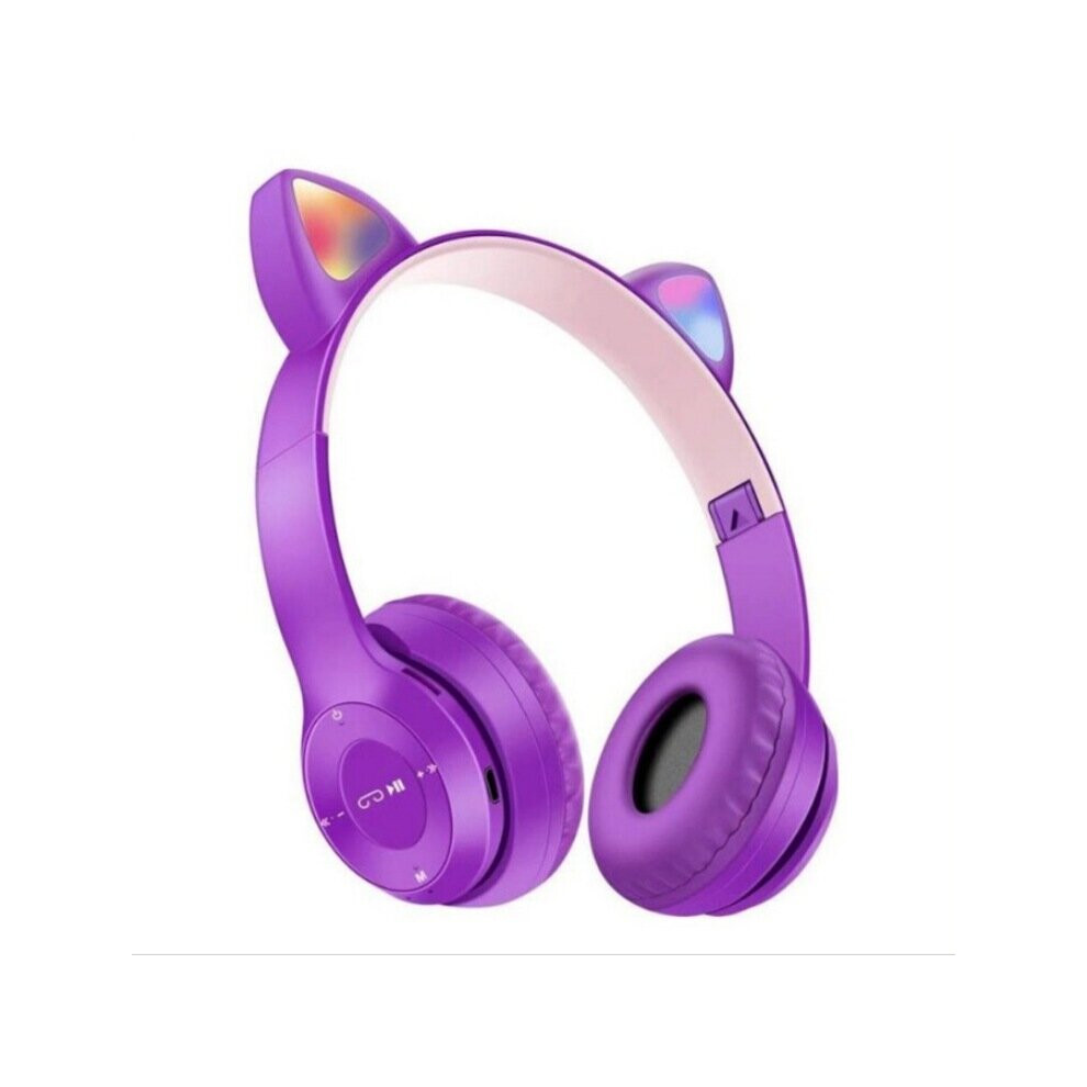 (Purple) Headphones Wireless Cat Ear  Bluetooth Headset LED Lights Earphone For Kidsï¼girl Giftï¼women's day gift