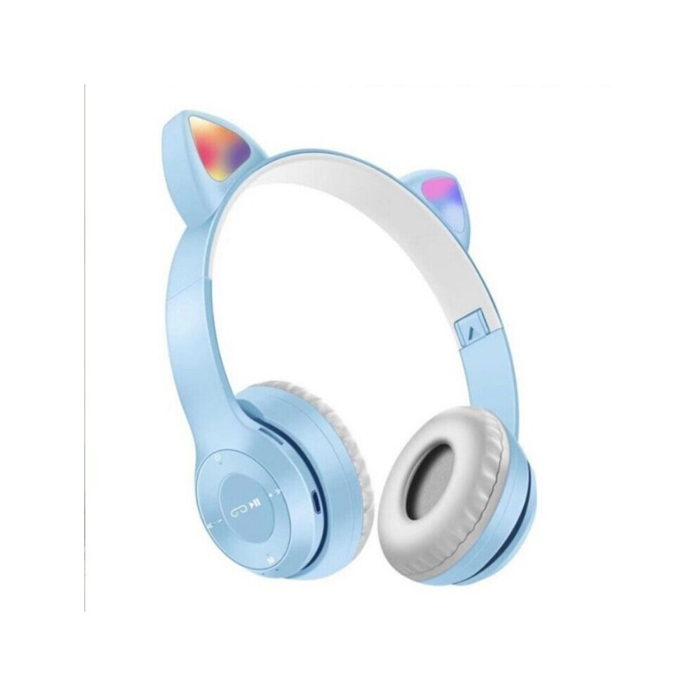 (sky blue) Headphones Wireless Cat Ear  Bluetooth Headset LED Lights Earphone For Kidsï¼girl Giftï¼women's day gift