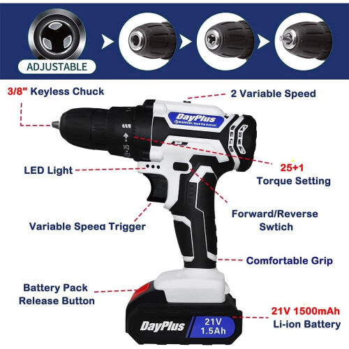 21V Cordless Drill Combi Power Drill Electric Screwdriver Set 25+1 Torque Torque 45N.m 1