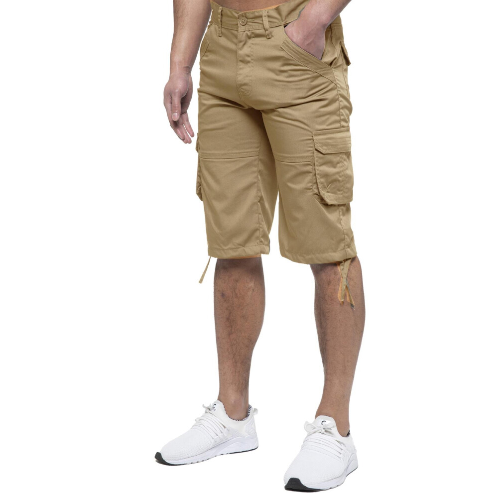 (28, Beige) Enzo Mens Cargo Shorts